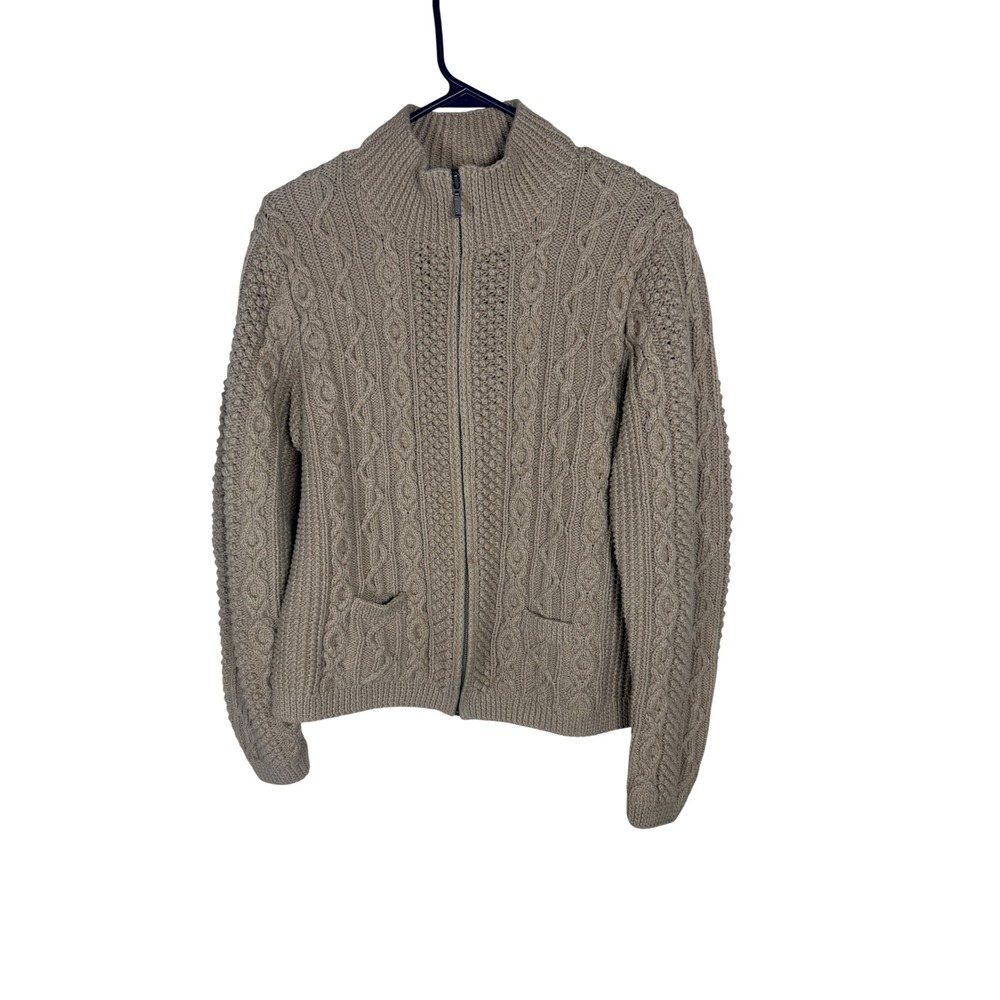 Lands End Womens M 10-12 Tan Cable Knit Cotton Full Zip Cardigan Sweater